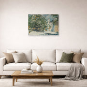 Unframed poster print of Winslow Homer's Orange Trees and Gate displayed on a wall in a living room