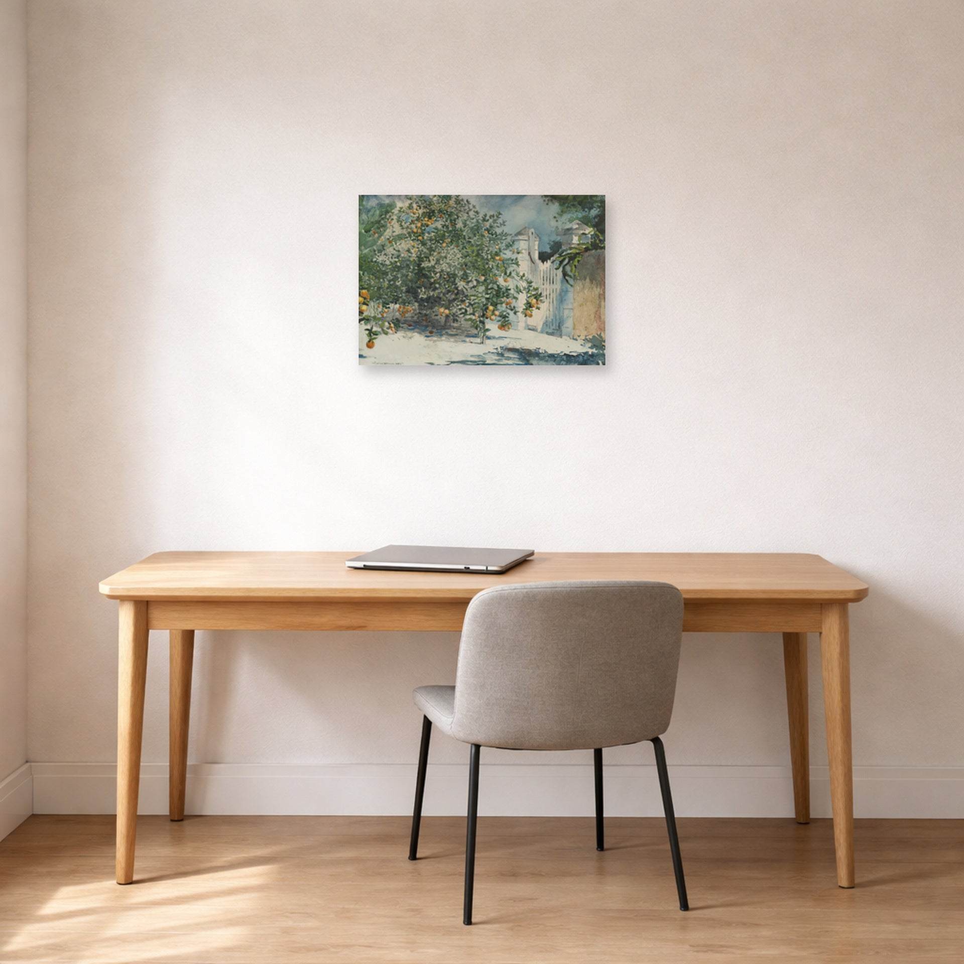 Unframed poster print of Winslow Homer's Orange Trees and Gate displayed on a wall in an office