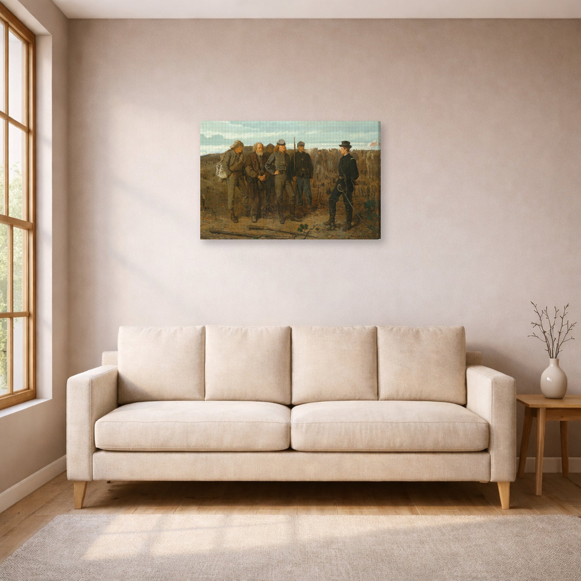 Gallery-wrapped canvas print of Winslow Homer's Prisoners from the Front displayed on a wall in a living room