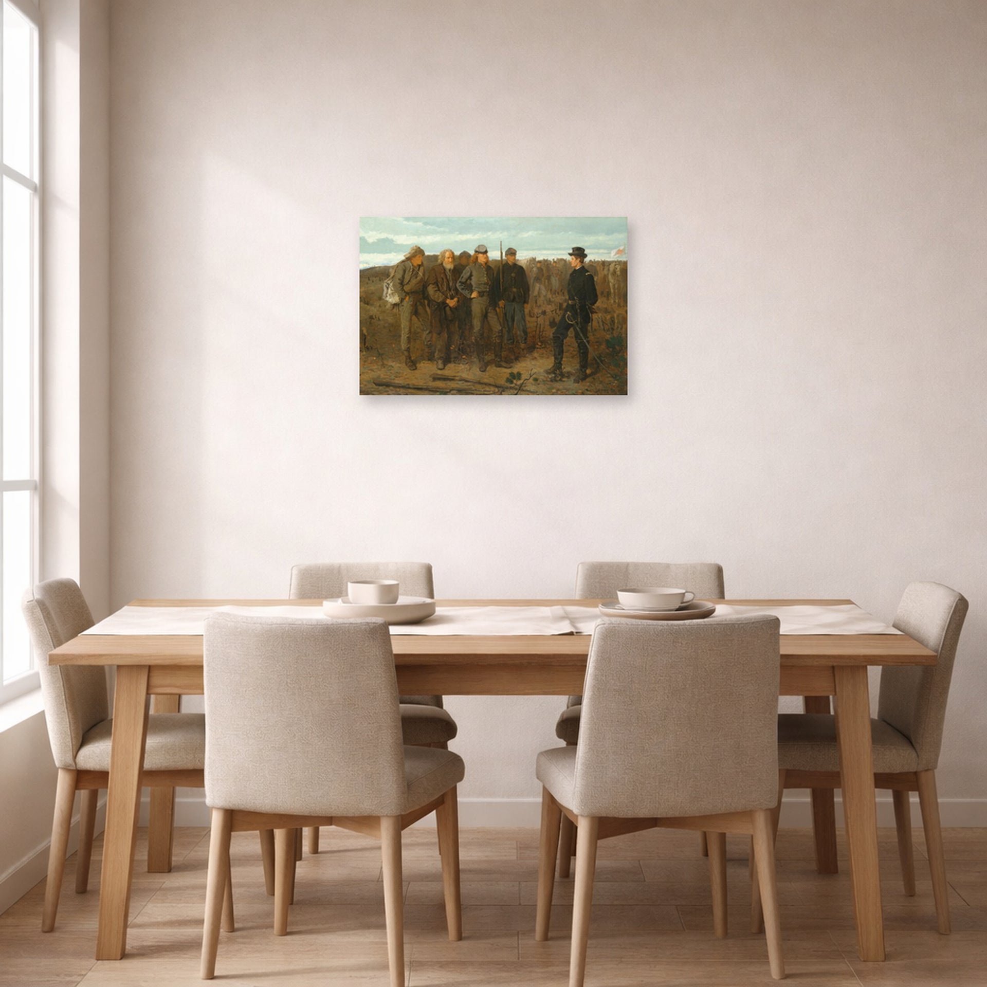 Unframed poster print of Winslow Homer's Prisoners from the Front displayed on a wall in a dining room