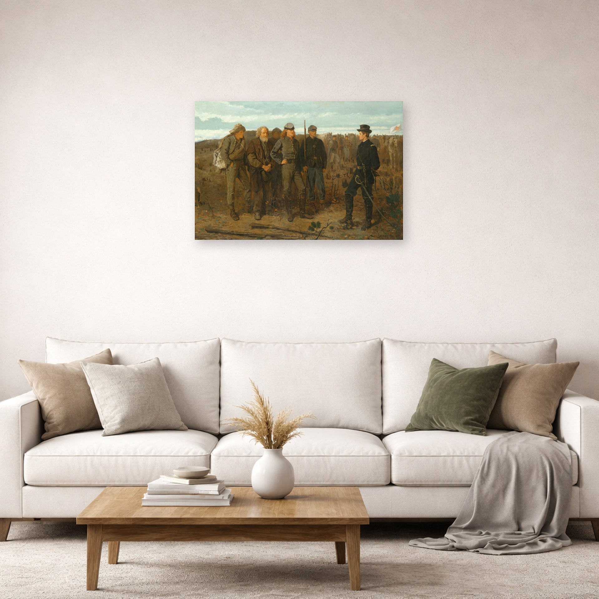 Unframed poster print of Winslow Homer's Prisoners from the Front displayed on a wall in a living room