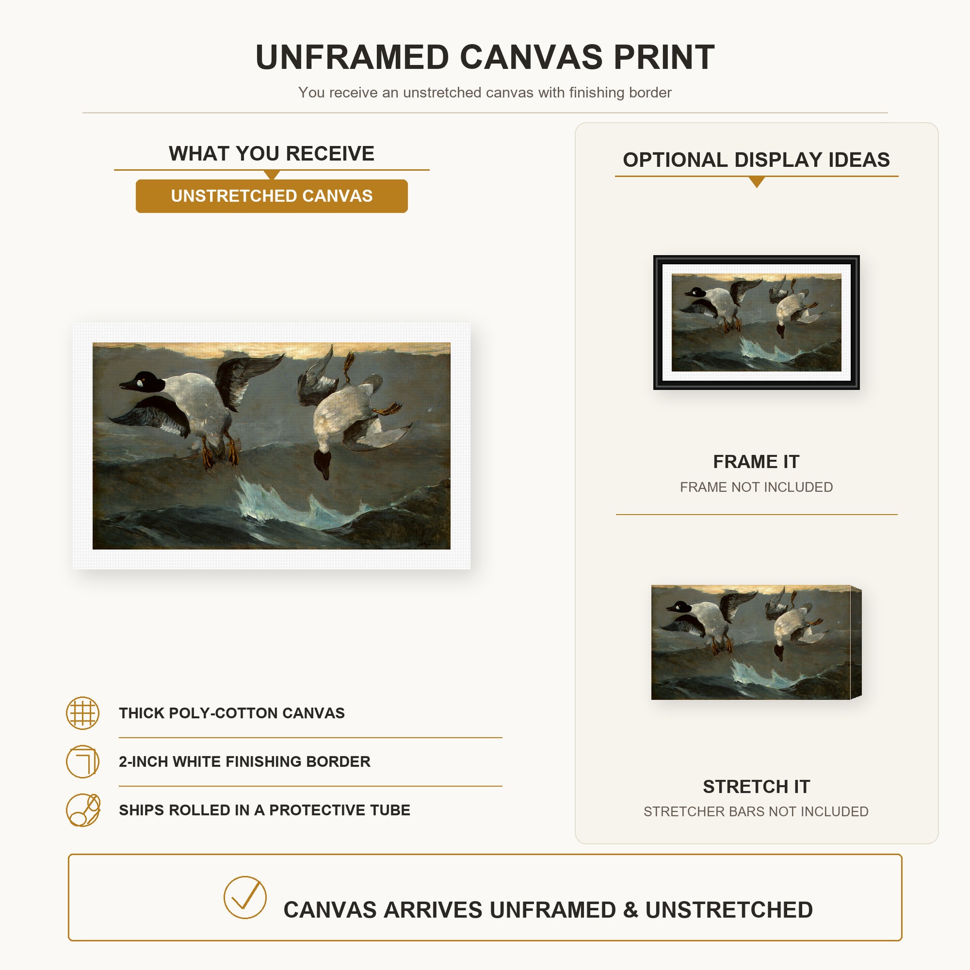 Winslow Homer - Right and Left canvas print size comparison and framing display infographic