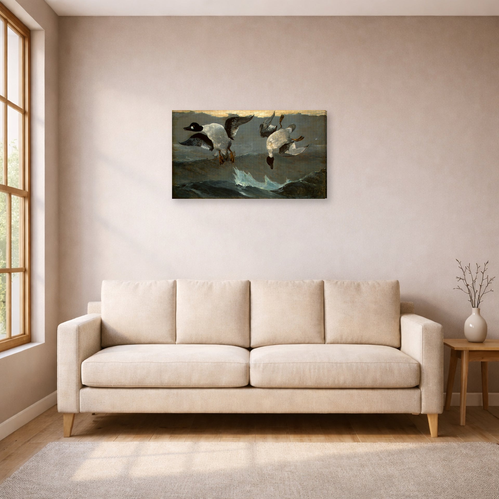 Gallery-wrapped canvas print of Winslow Homer's Right and Left displayed on a wall in a living room