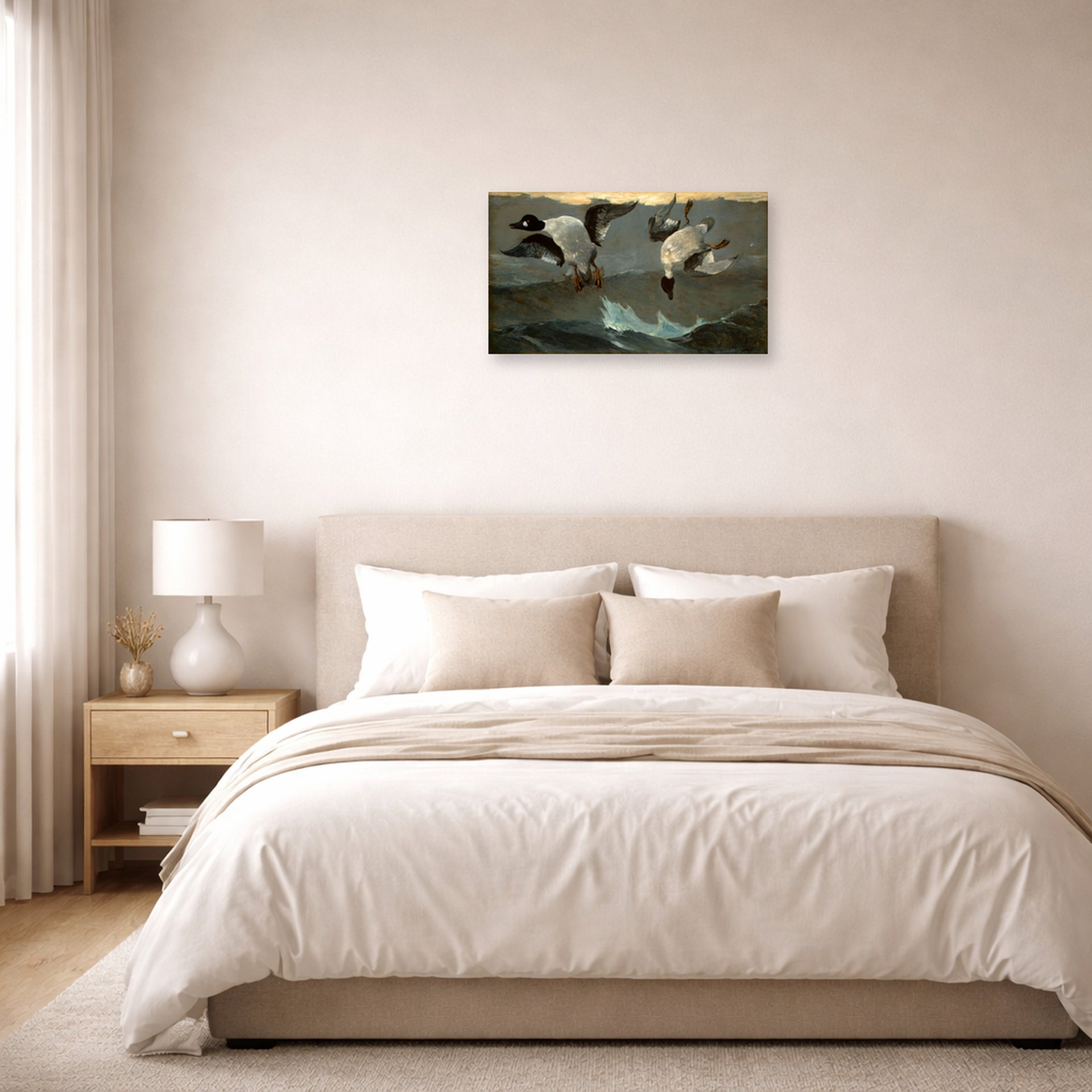 Unframed poster print of Winslow Homer's Right and Left displayed on a wall in a bedroom