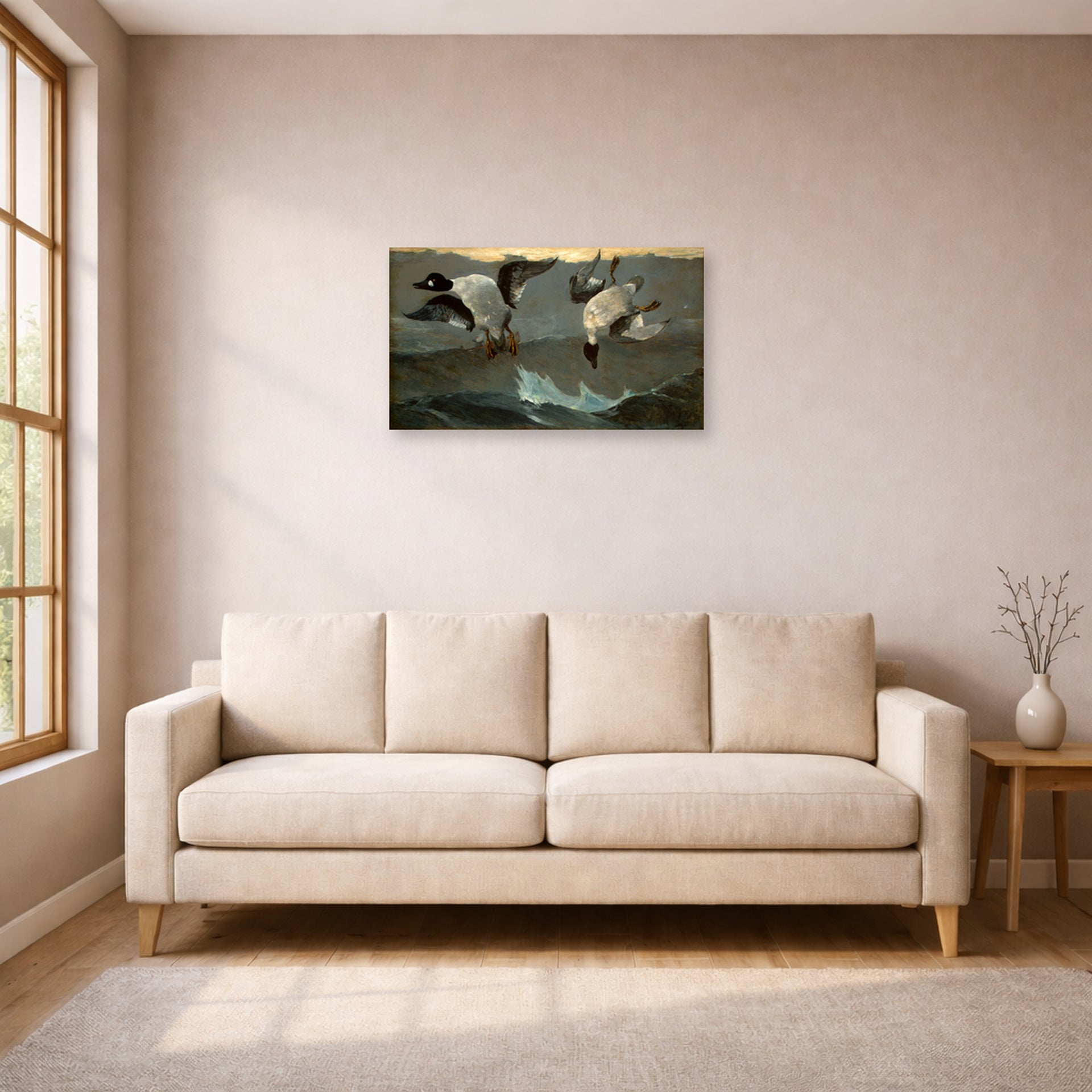 Unframed poster print of Winslow Homer's Right and Left displayed on a wall in a living room