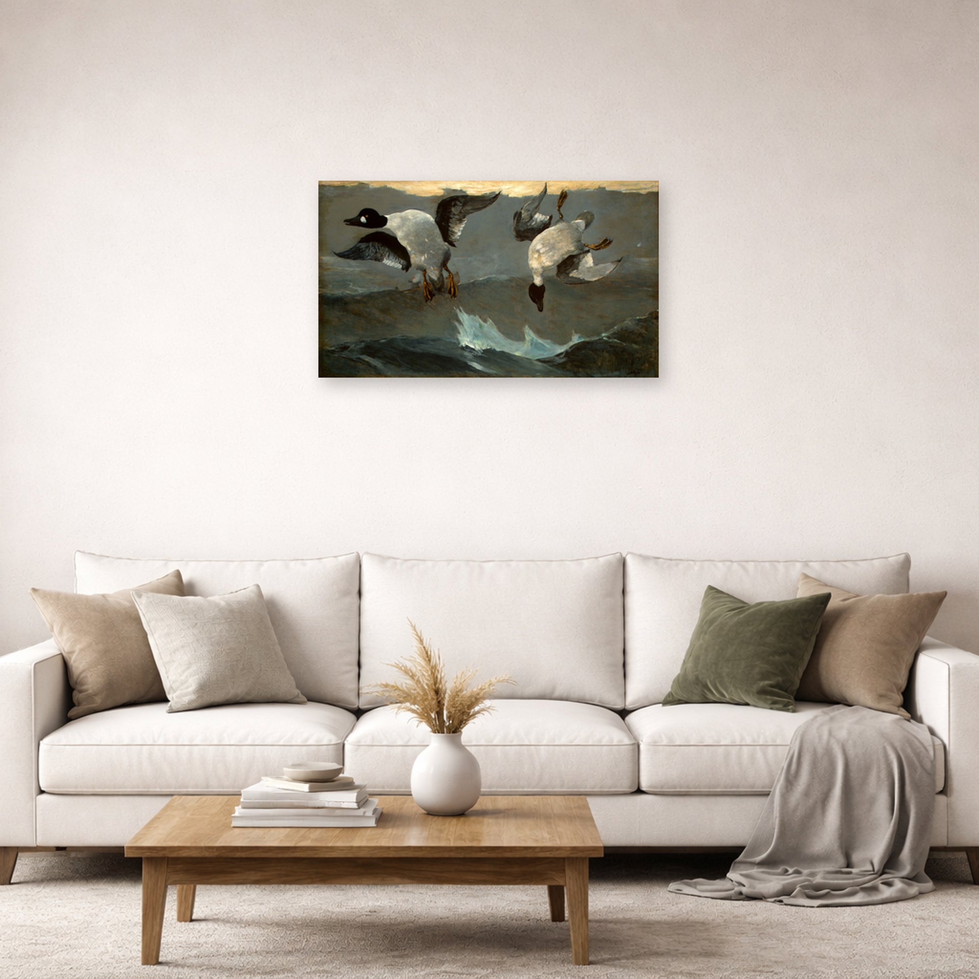 Unframed poster print of Winslow Homer's Right and Left displayed on a wall in a living room