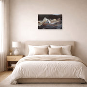 Gallery-wrapped canvas print of Winslow Homer's Shooting the Rapids Saguenay River displayed on a wall in a bedroom