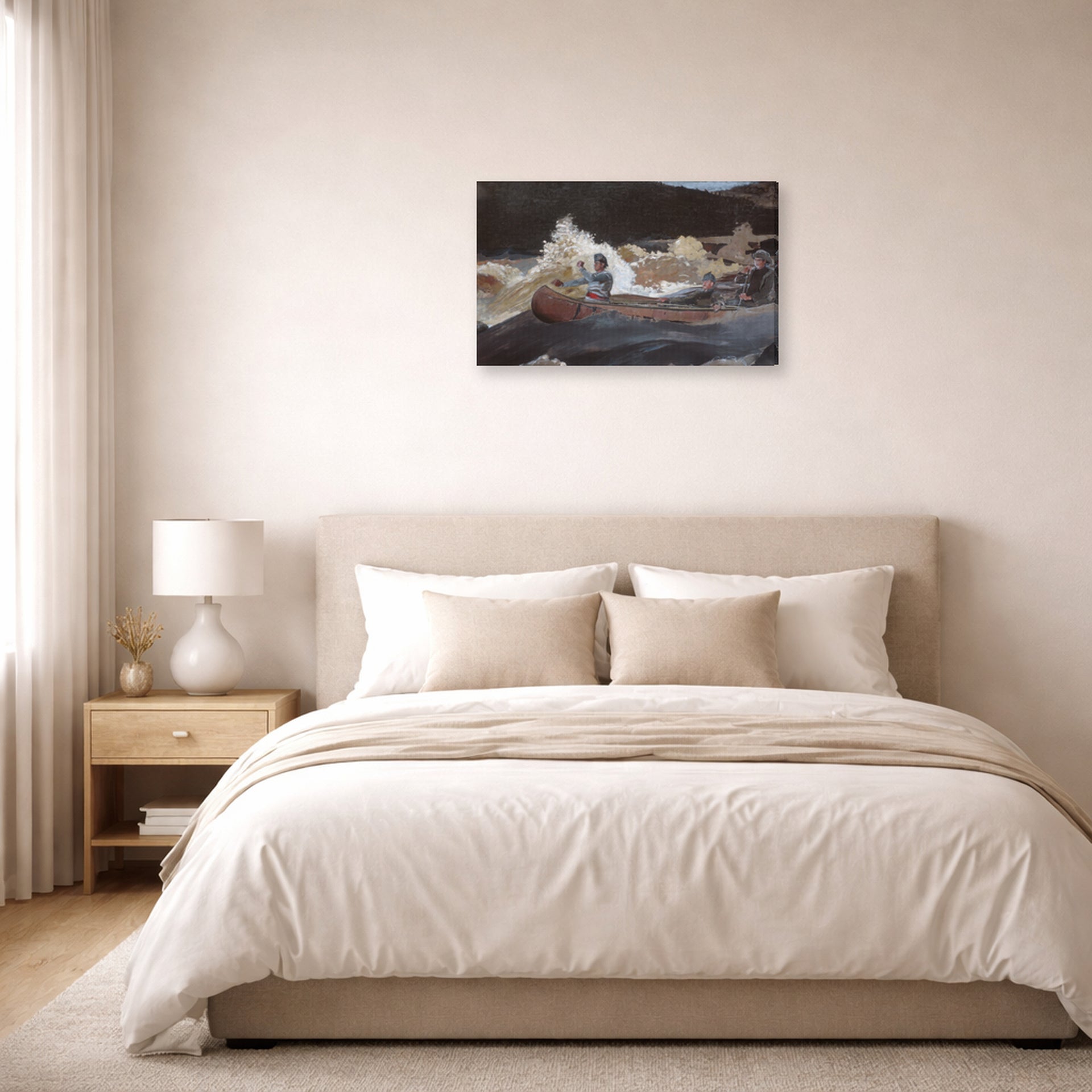Gallery-wrapped canvas print of Winslow Homer's Shooting the Rapids Saguenay River displayed on a wall in a bedroom