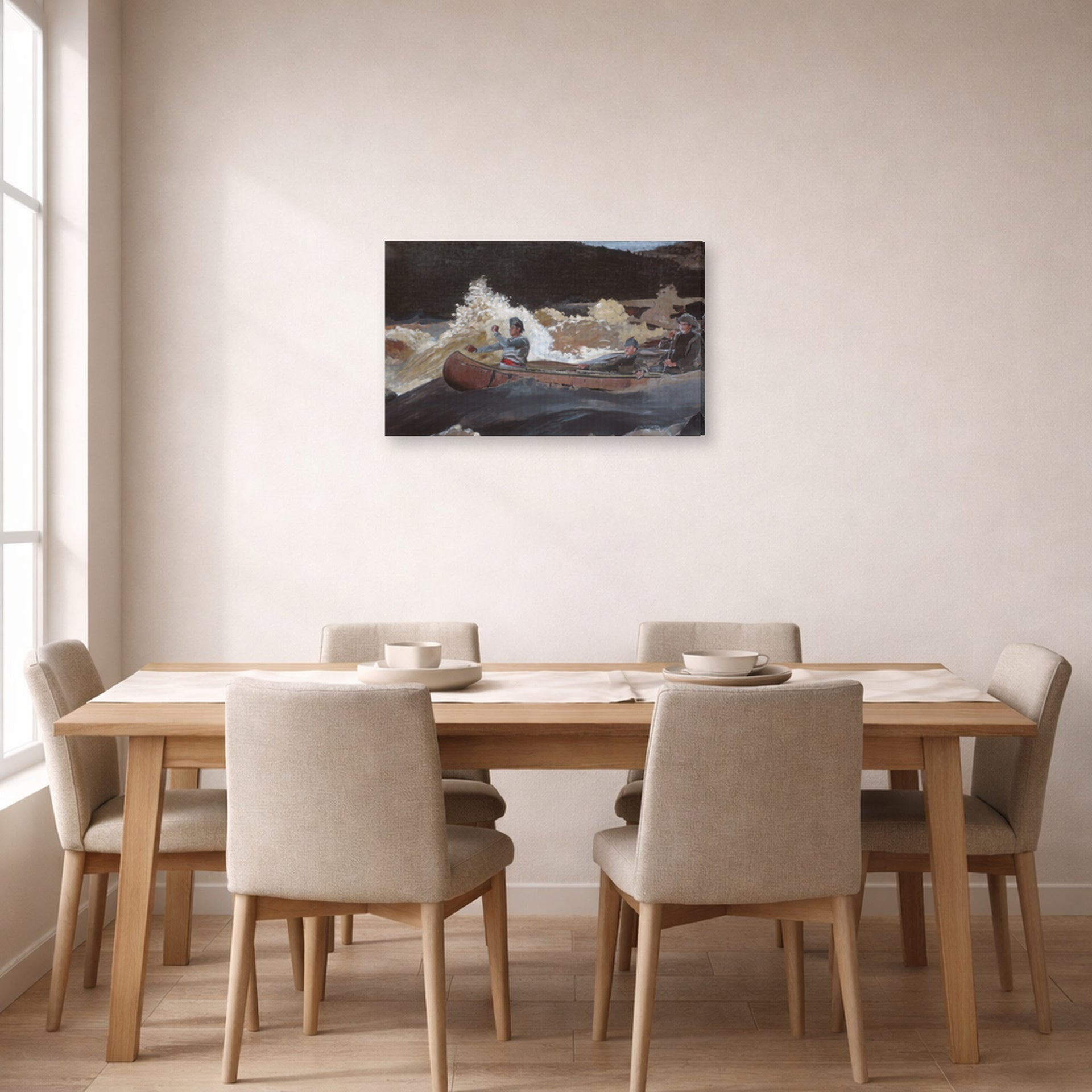 Gallery-wrapped canvas print of Winslow Homer's Shooting the Rapids Saguenay River displayed on a wall in a dining room