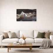 Gallery-wrapped canvas print of Winslow Homer's Shooting the Rapids Saguenay River displayed on a wall in a living room