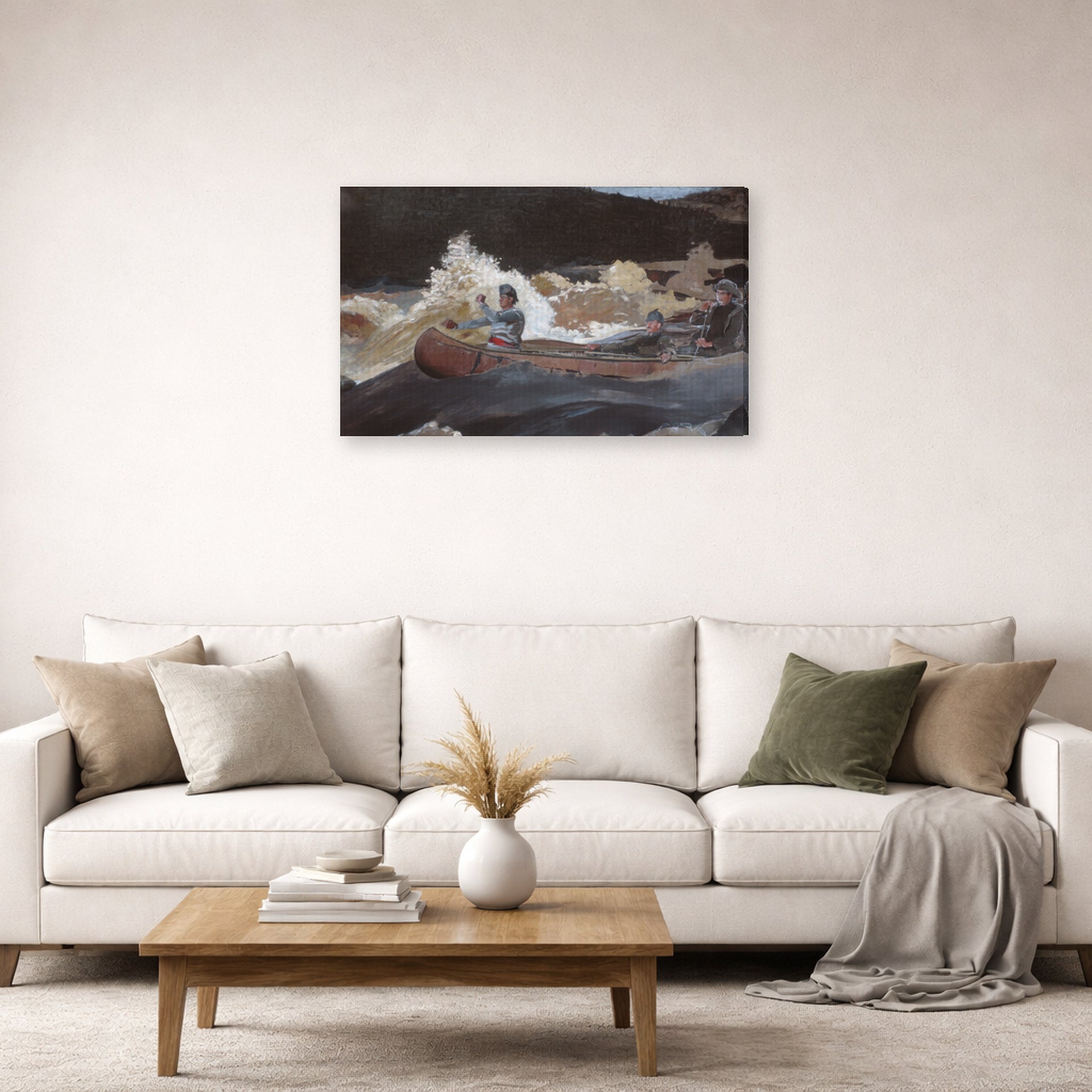 Gallery-wrapped canvas print of Winslow Homer's Shooting the Rapids Saguenay River displayed on a wall in a living room