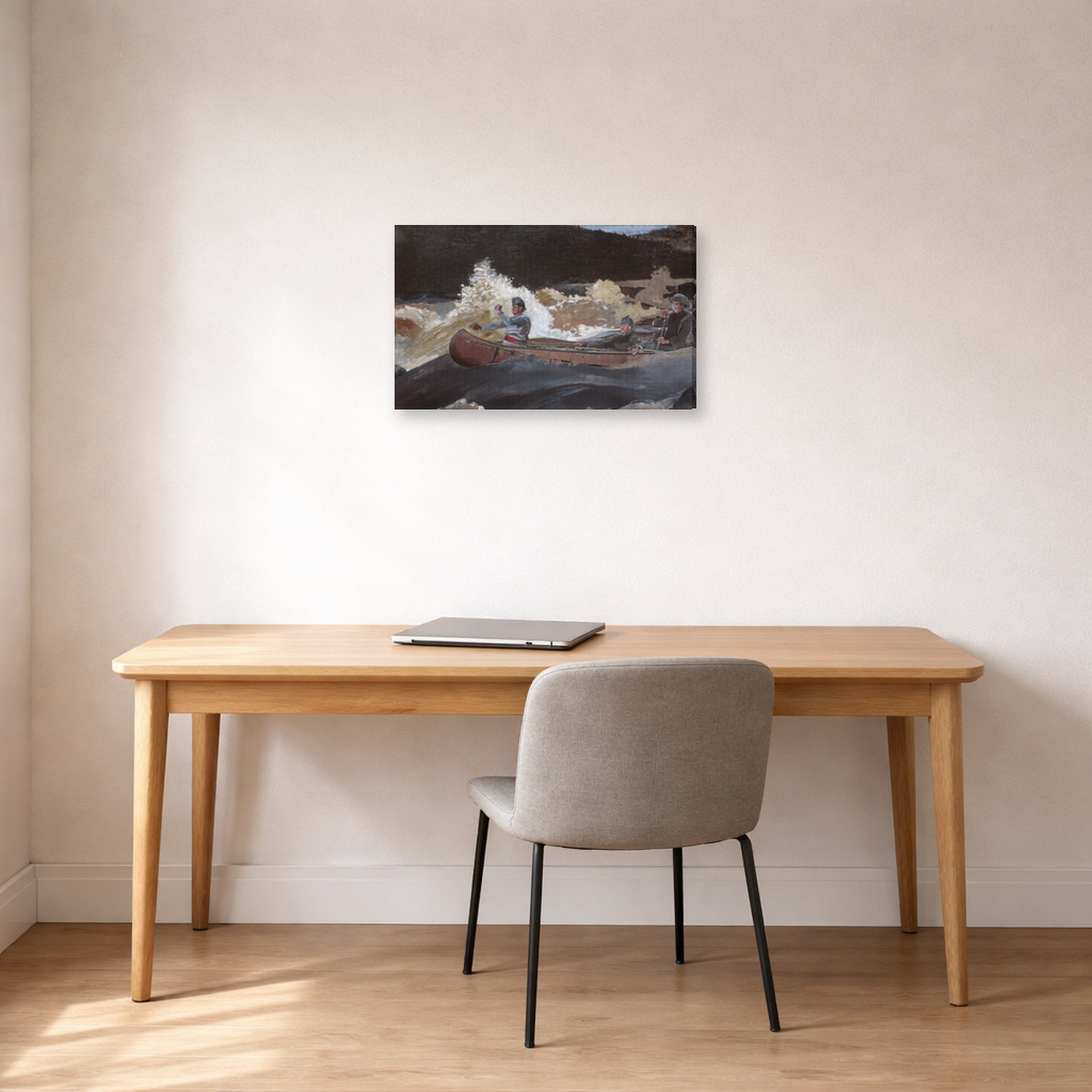 Gallery-wrapped canvas print of Winslow Homer's Shooting the Rapids Saguenay River displayed on a wall in an office
