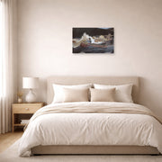 Unframed poster print of Winslow Homer's Shooting the Rapids Saguenay River displayed on a wall in a bedroom