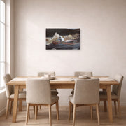 Unframed poster print of Winslow Homer's Shooting the Rapids Saguenay River displayed on a wall in a dining room