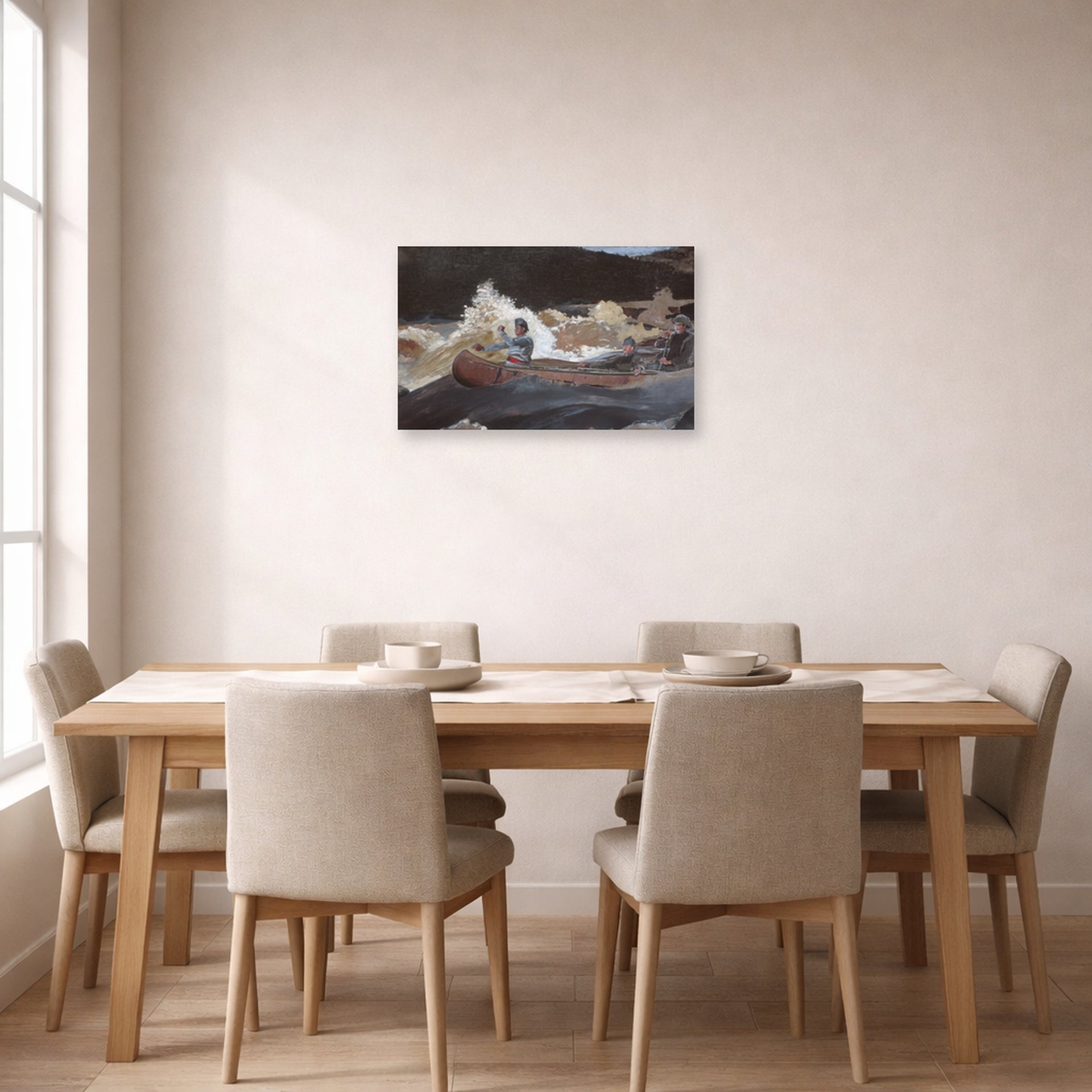 Unframed poster print of Winslow Homer's Shooting the Rapids Saguenay River displayed on a wall in a dining room