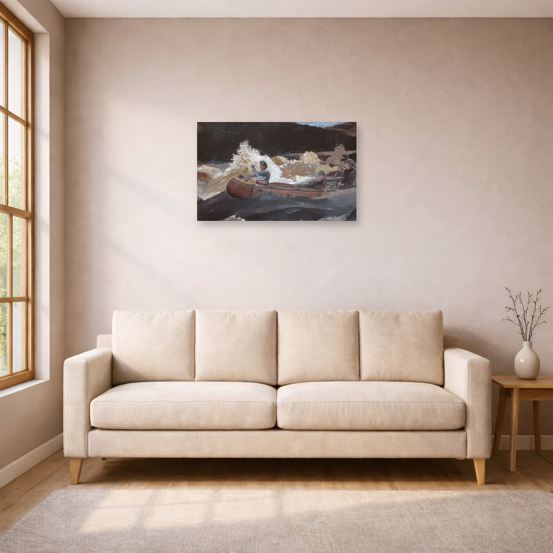 Unframed poster print of Winslow Homer's Shooting the Rapids Saguenay River displayed on a wall in a living room