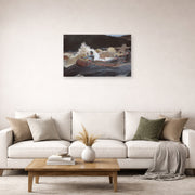 Unframed poster print of Winslow Homer's Shooting the Rapids Saguenay River displayed on a wall in a living room