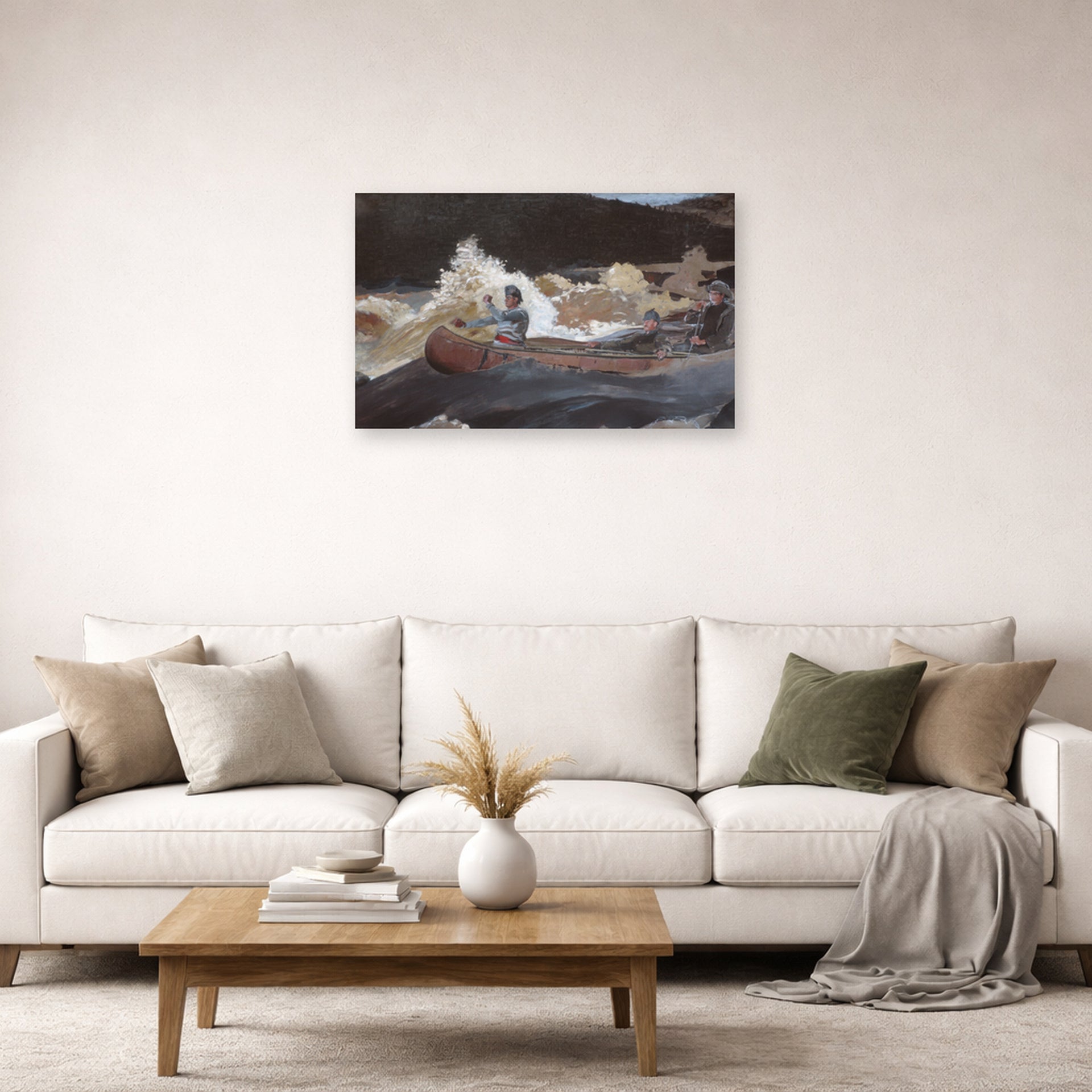 Unframed poster print of Winslow Homer's Shooting the Rapids Saguenay River displayed on a wall in a living room