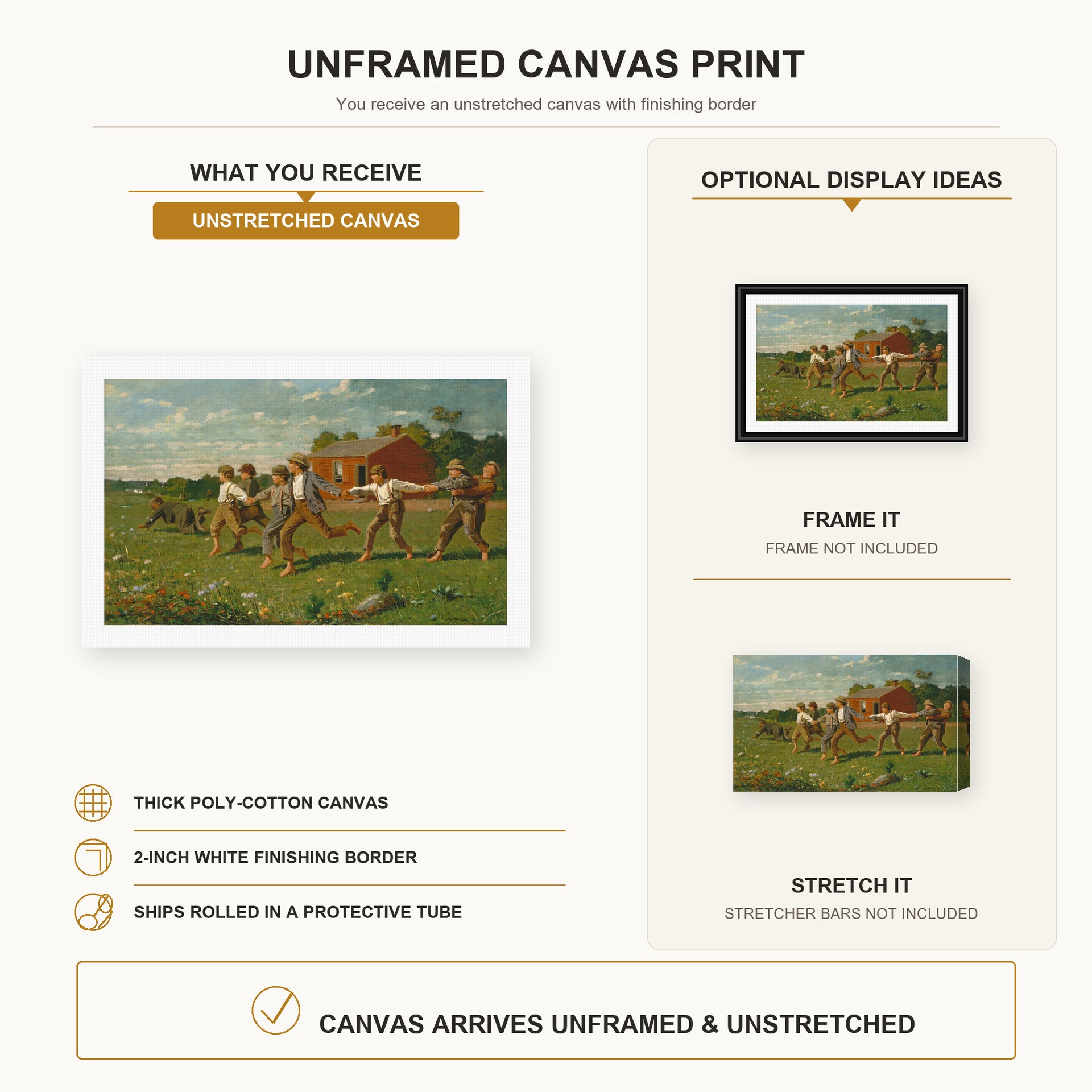 Winslow Homer - Snap the Whip canvas print size comparison and framing display infographic