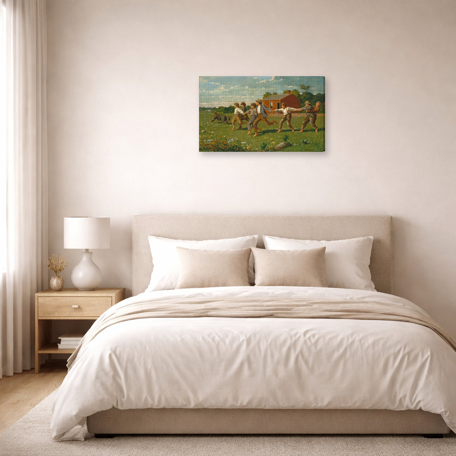 Gallery-wrapped canvas print of Winslow Homer's Snap the Whip displayed on a wall in a bedroom