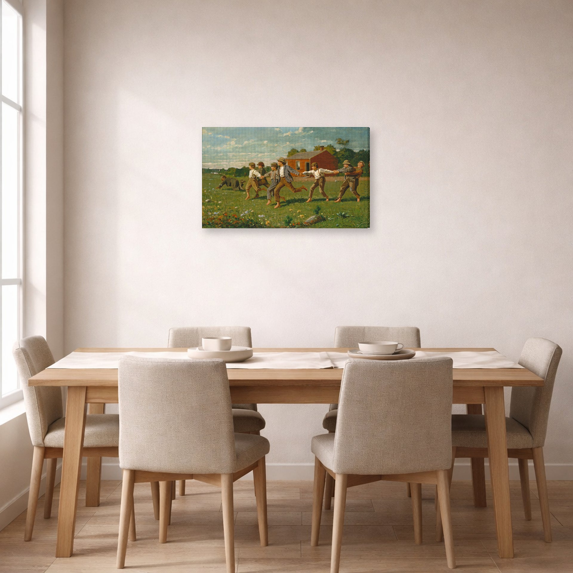 Gallery-wrapped canvas print of Winslow Homer's Snap the Whip displayed on a wall in a dining room