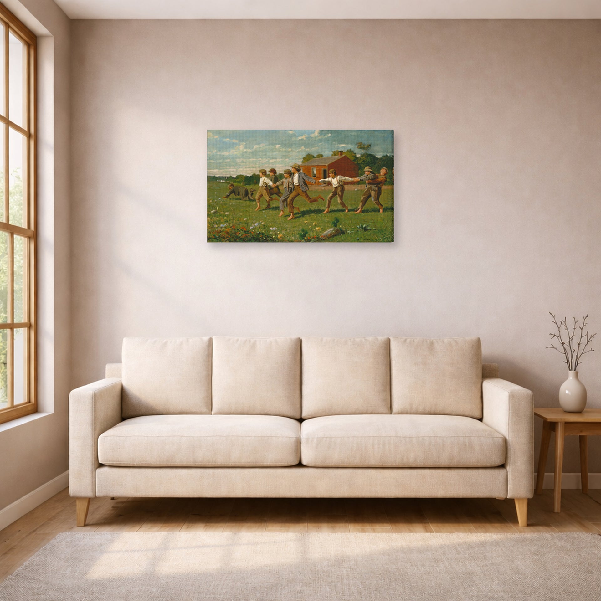 Gallery-wrapped canvas print of Winslow Homer's Snap the Whip displayed on a wall in a living room