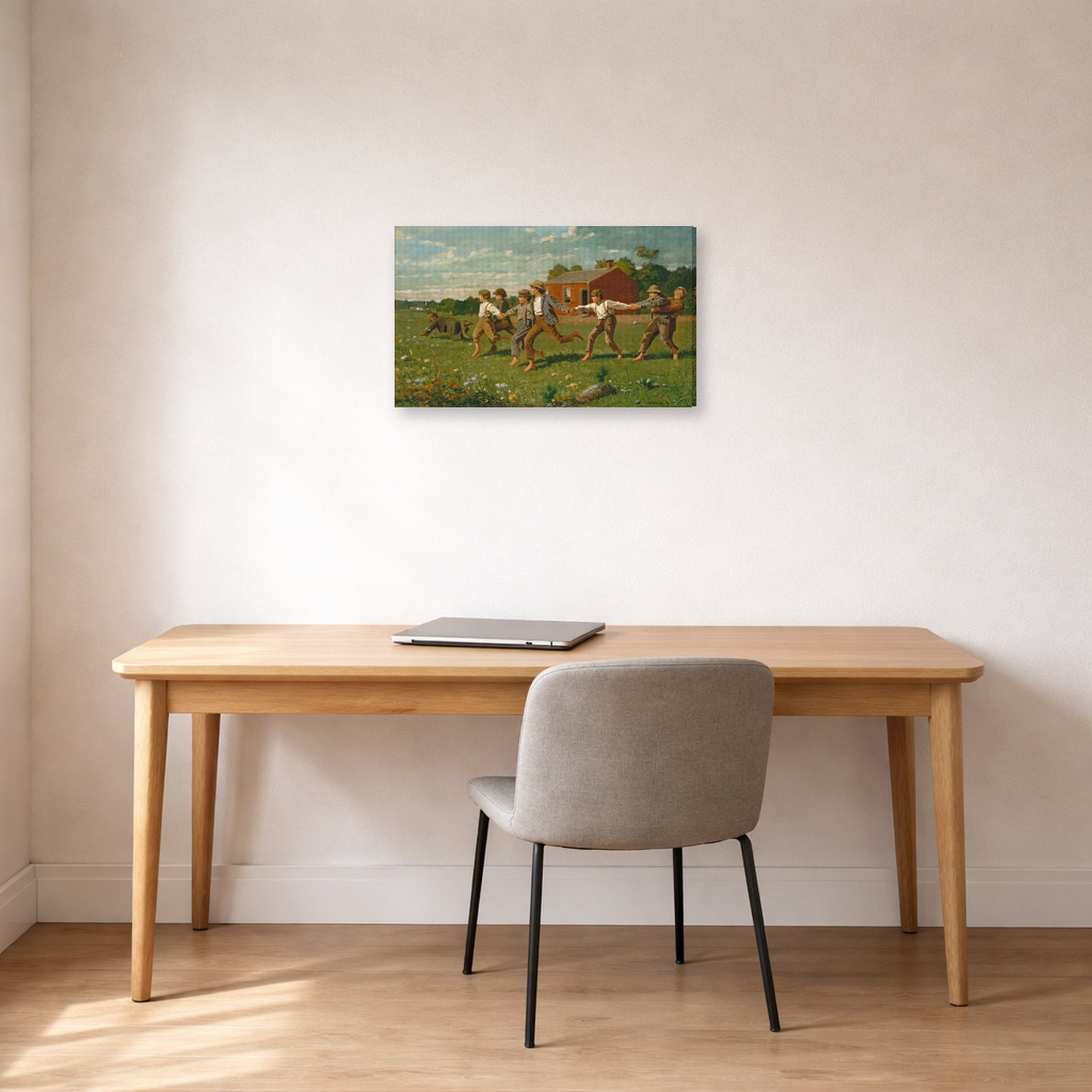 Gallery-wrapped canvas print of Winslow Homer's Snap the Whip displayed on a wall in an office