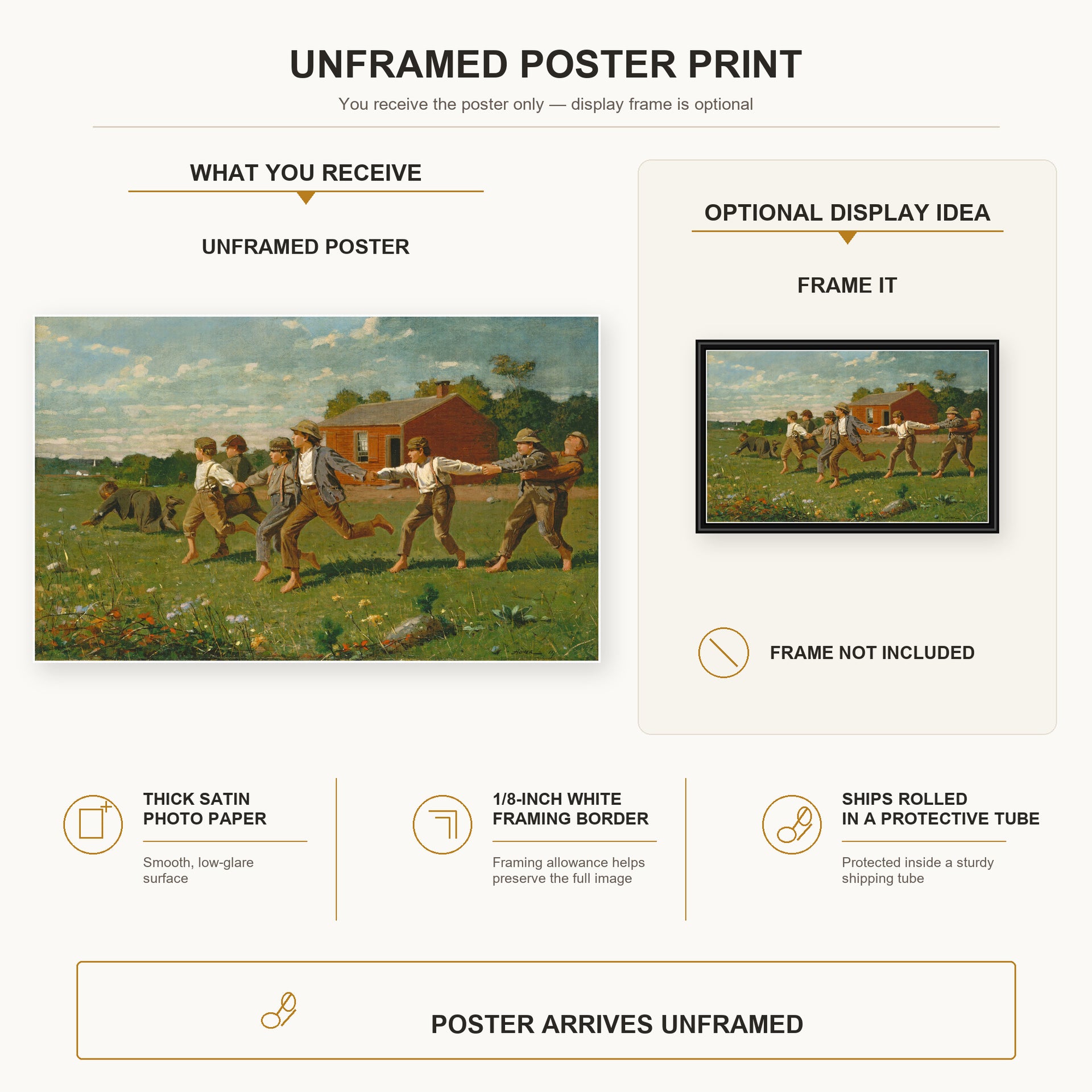 Winslow Homer - Snap the Whip poster print size comparison and framing display infographic