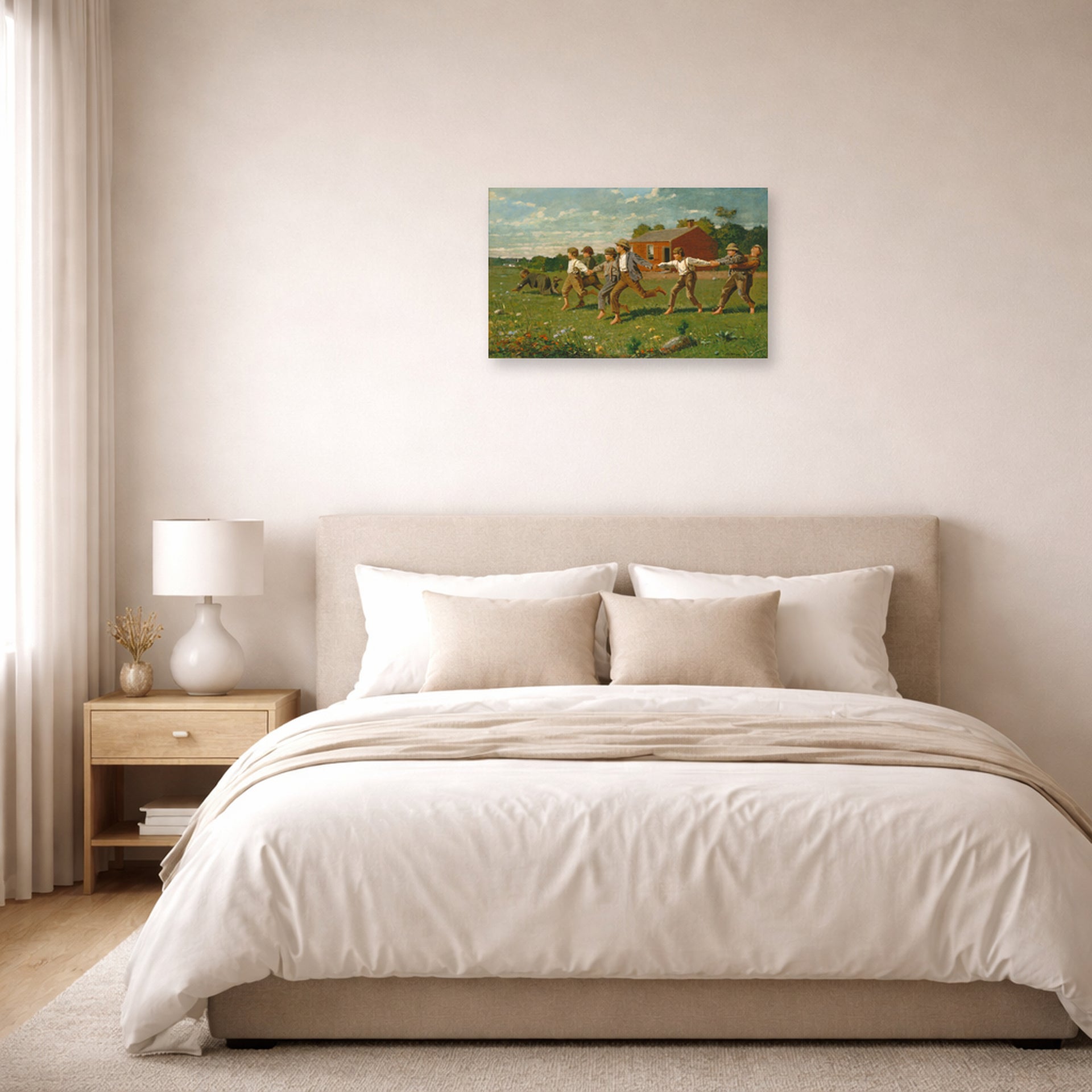 Unframed poster print of Winslow Homer's Snap the Whip displayed on a wall in a bedroom