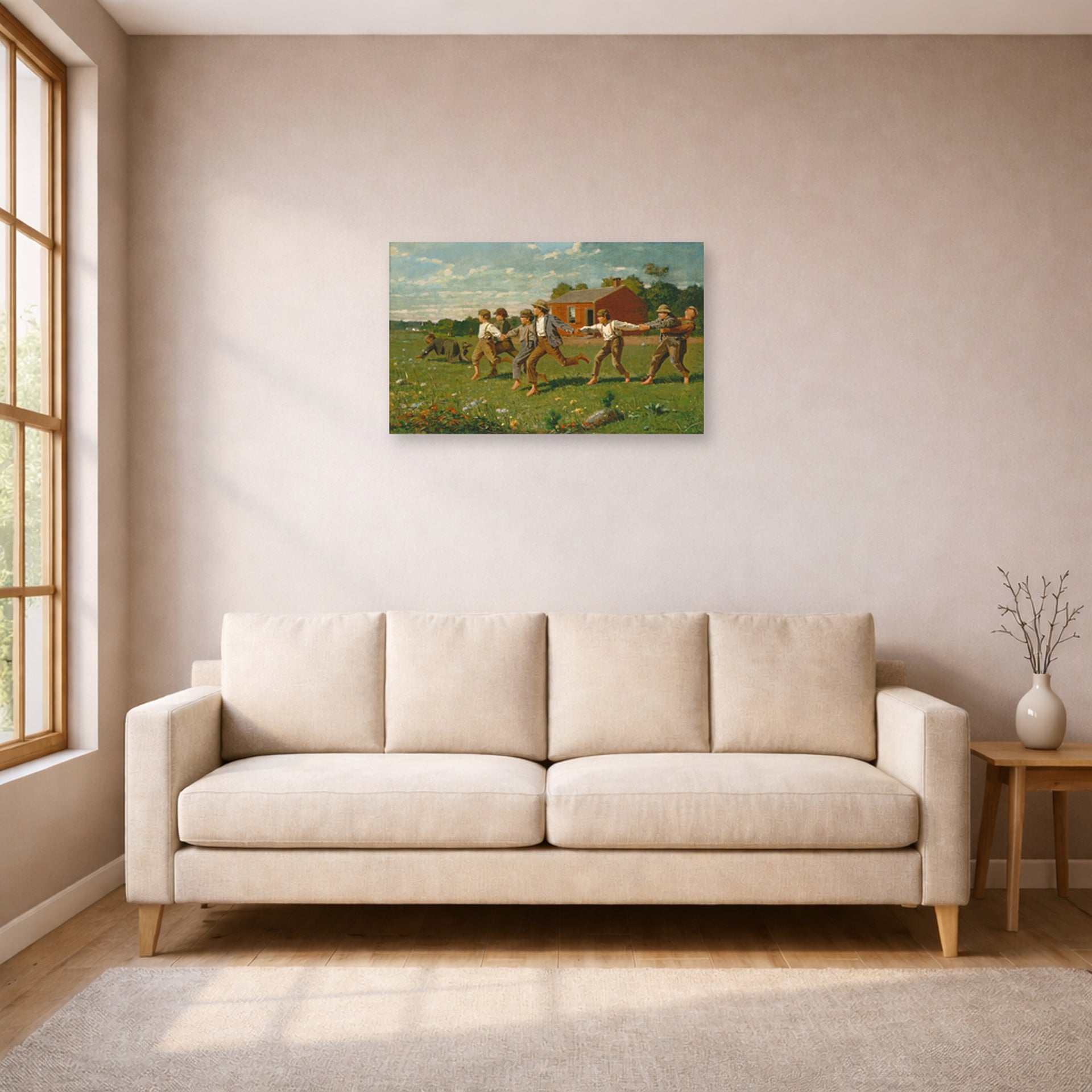Unframed poster print of Winslow Homer's Snap the Whip displayed on a wall in a living room