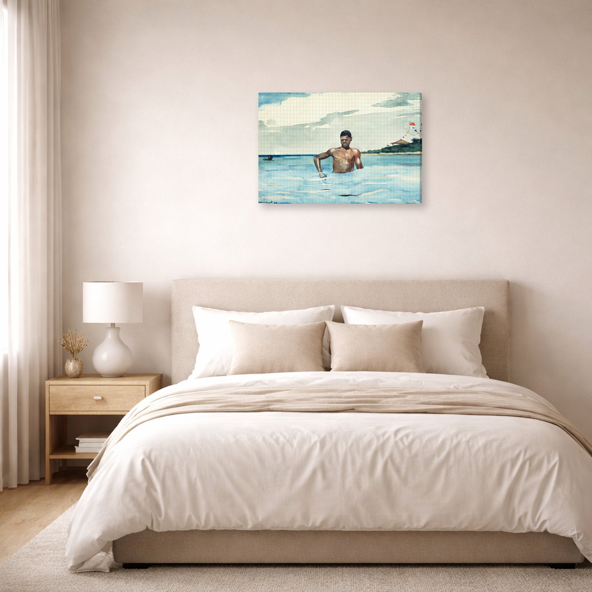 Gallery-wrapped canvas print of Winslow Homer's The Bather displayed on a wall in a bedroom