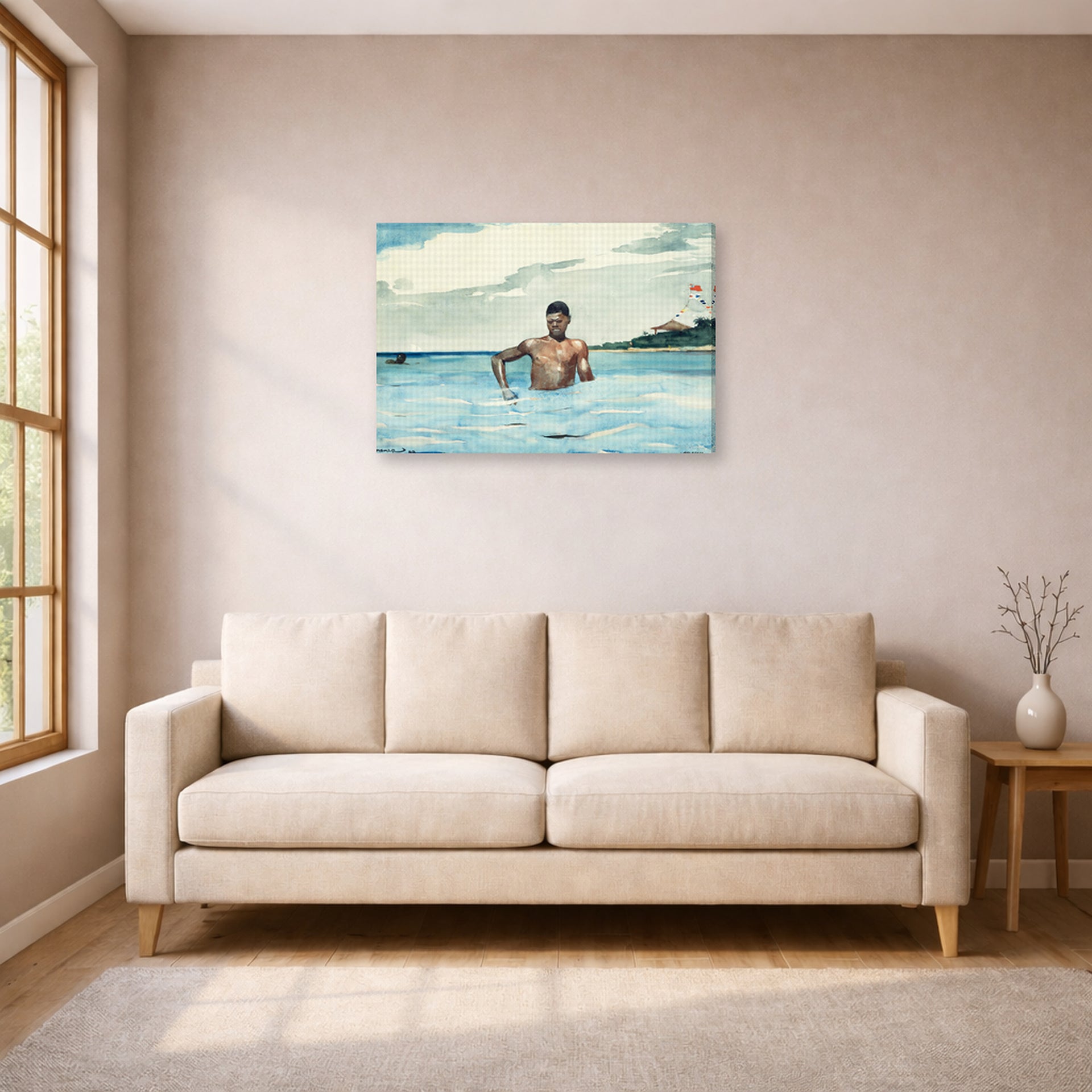 Gallery-wrapped canvas print of Winslow Homer's The Bather displayed on a wall in a living room