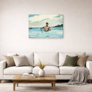 Gallery-wrapped canvas print of Winslow Homer's The Bather displayed on a wall in a living room
