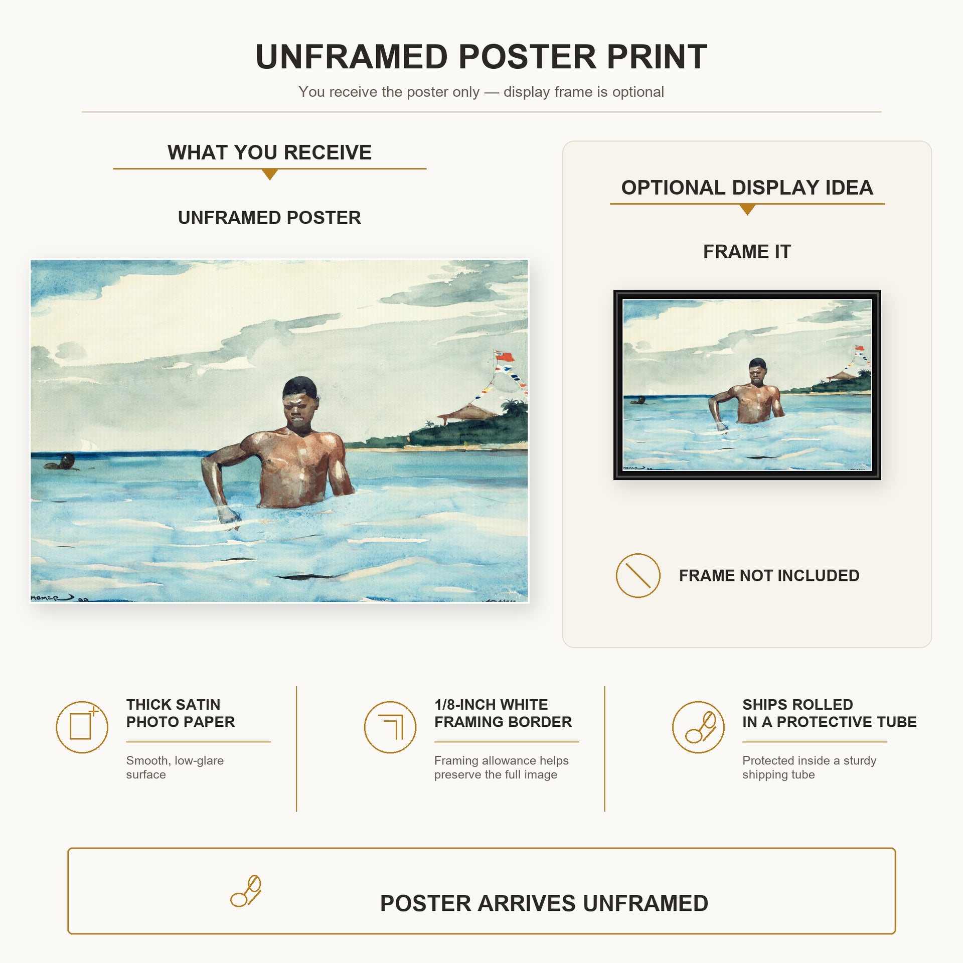 Winslow Homer - The Bather poster print size comparison and framing display infographic