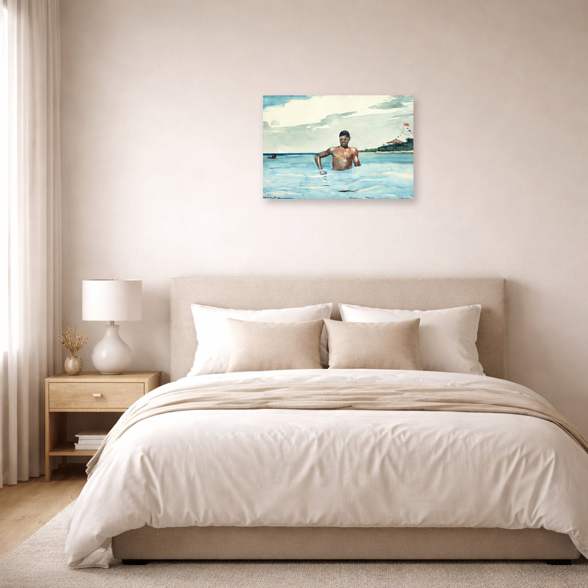 Unframed poster print of Winslow Homer's The Bather displayed on a wall in a bedroom