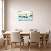 Unframed poster print of Winslow Homer's The Bather displayed on a wall in a dining room