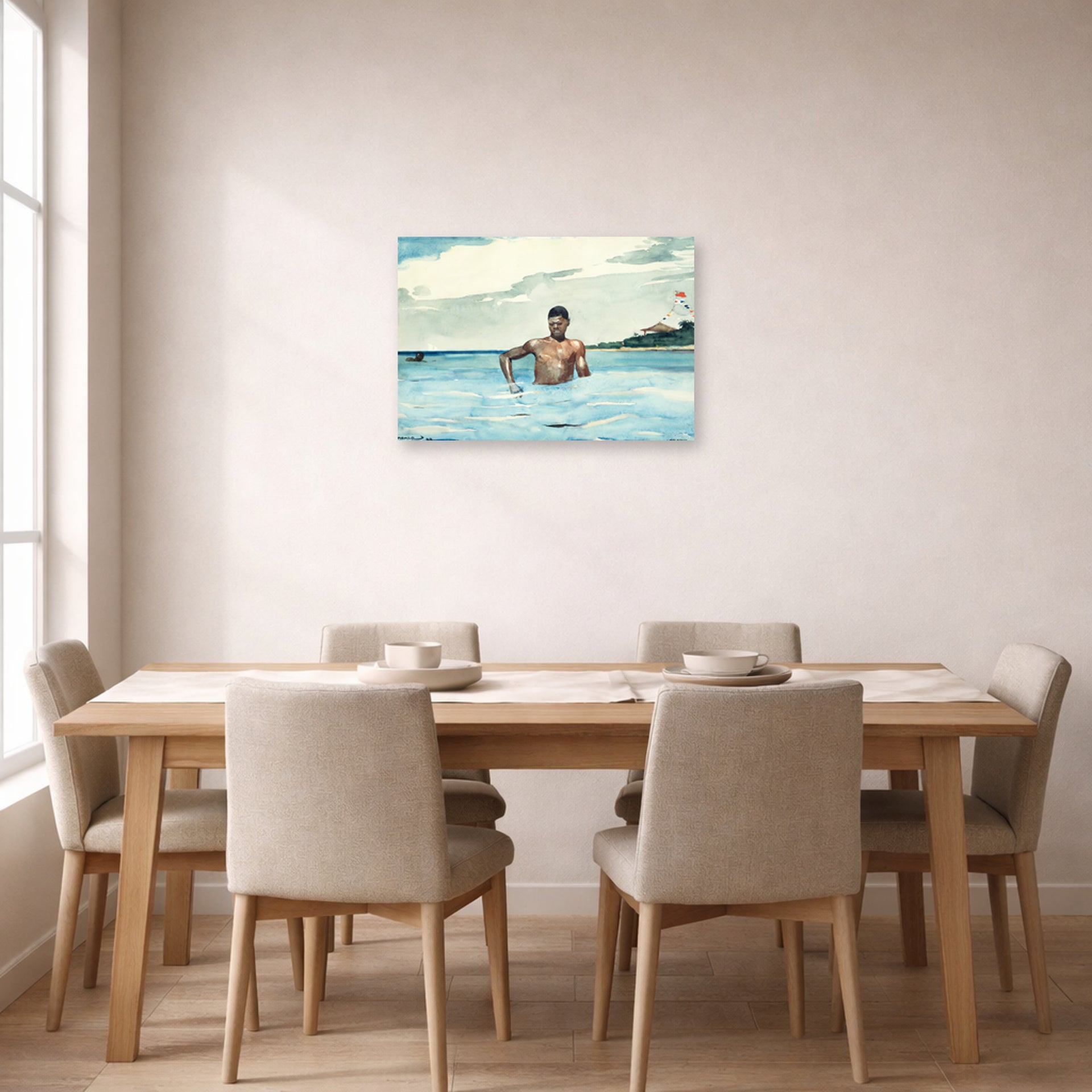 Unframed poster print of Winslow Homer's The Bather displayed on a wall in a dining room