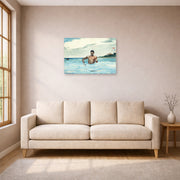 Unframed poster print of Winslow Homer's The Bather displayed on a wall in a living room