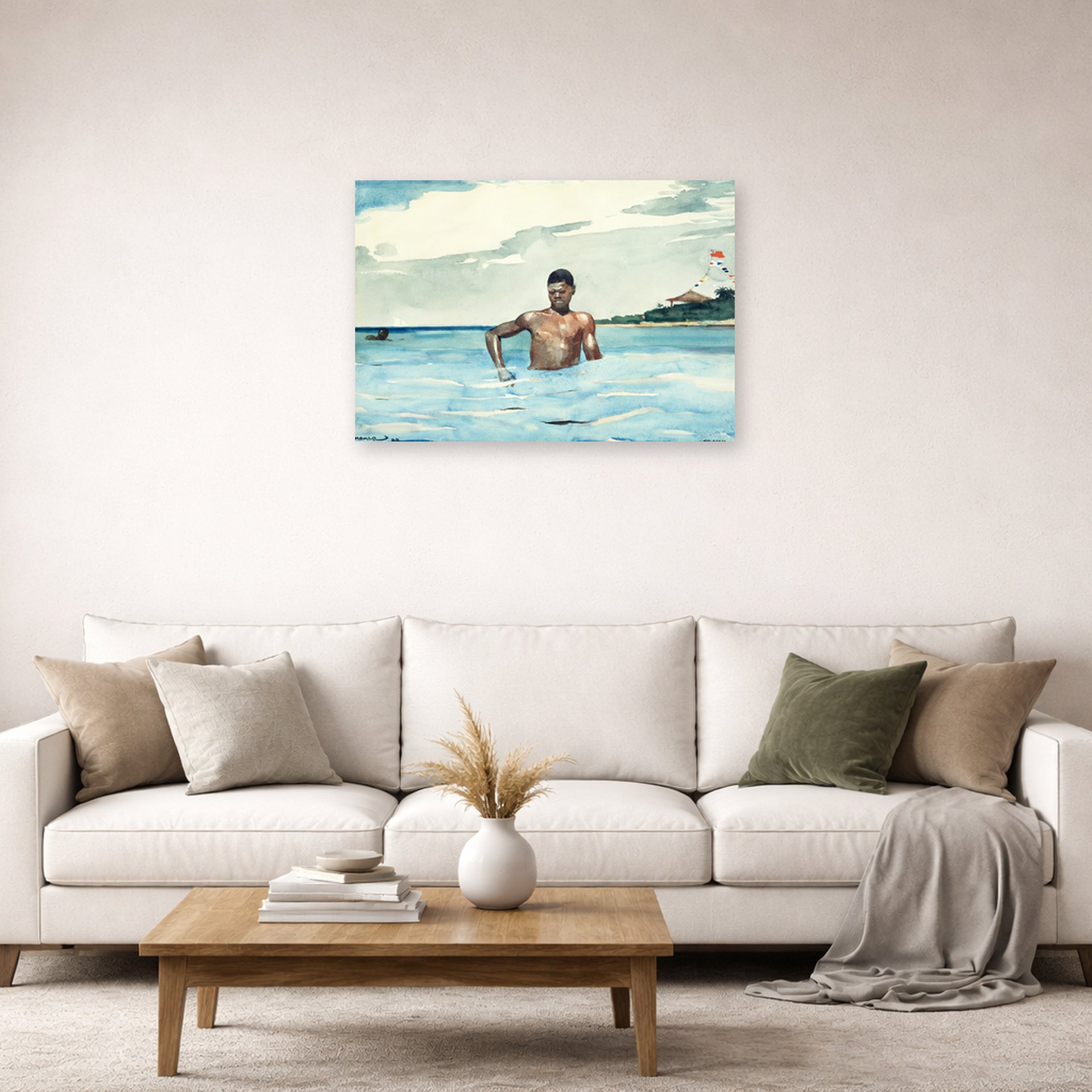 Unframed poster print of Winslow Homer's The Bather displayed on a wall in a living room