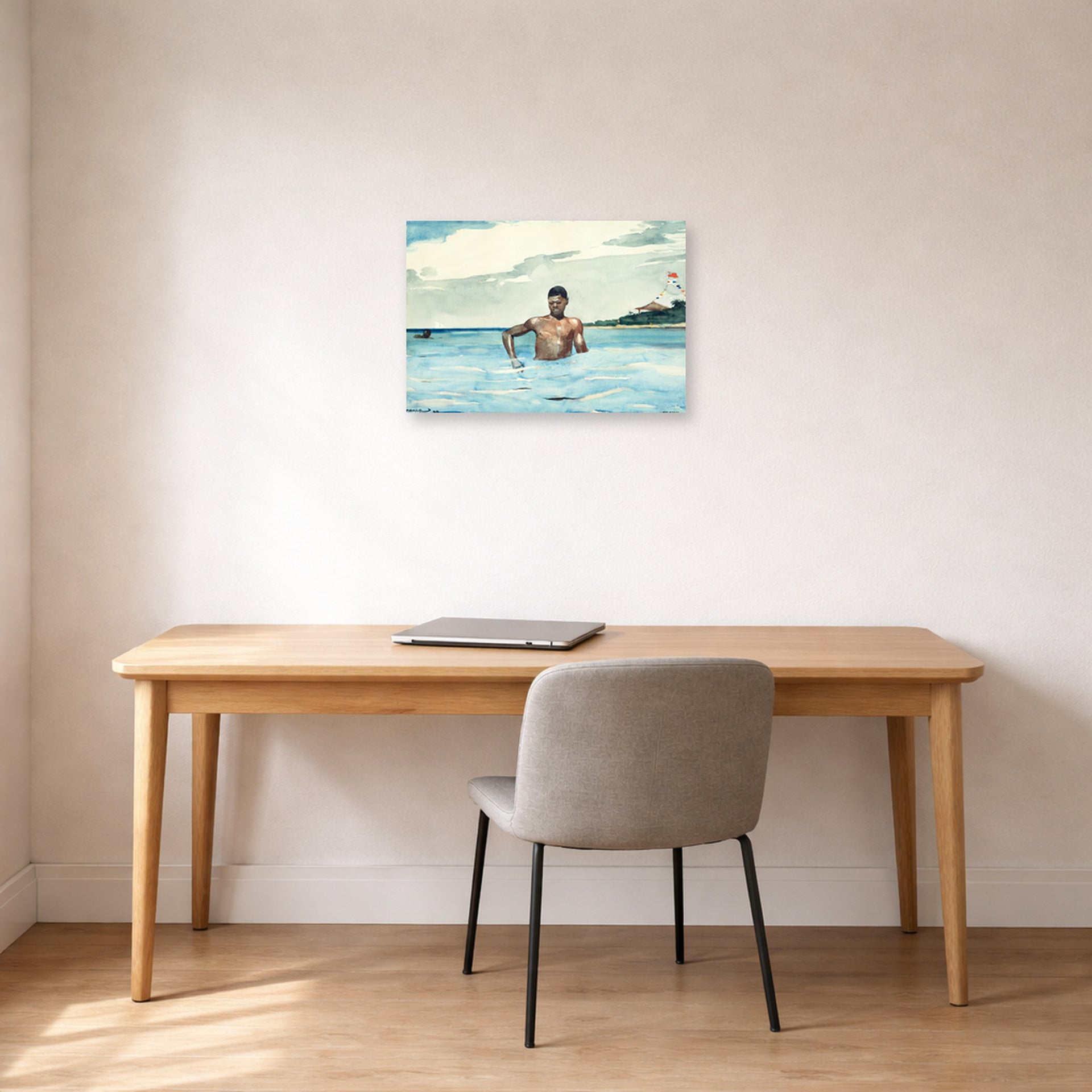 Unframed poster print of Winslow Homer's The Bather displayed on a wall in an office