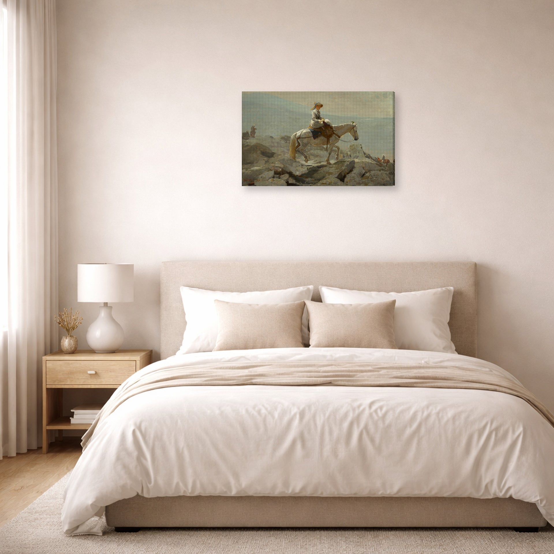 Gallery-wrapped canvas print of Winslow Homer's The Bridle Path displayed on a wall in a bedroom