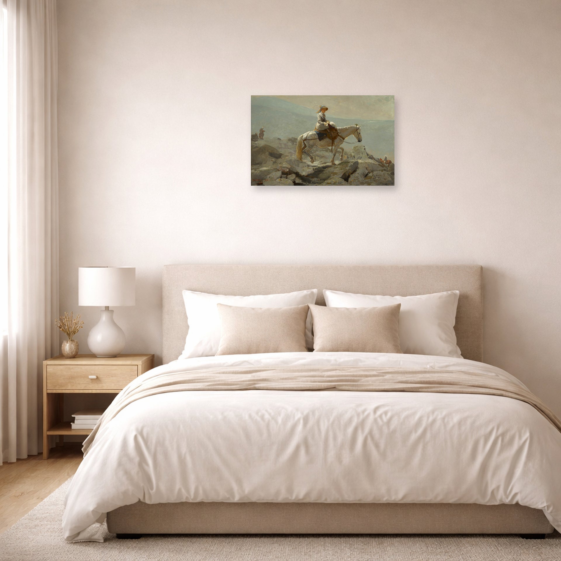 Unframed poster print of Winslow Homer's The Bridle Path displayed on a wall in a bedroom