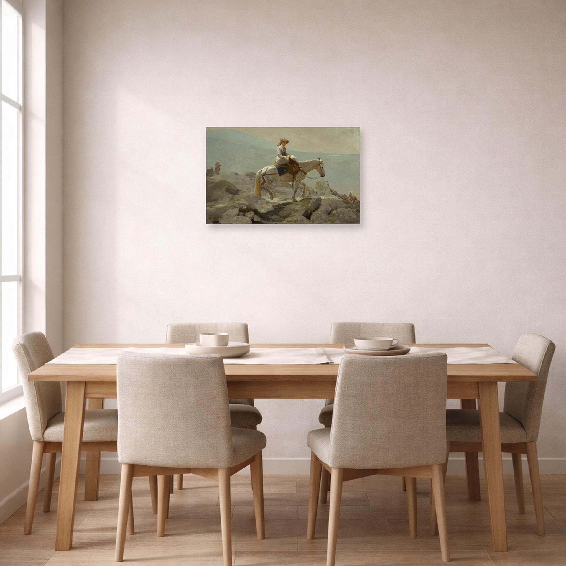 Unframed poster print of Winslow Homer's The Bridle Path displayed on a wall in a dining room