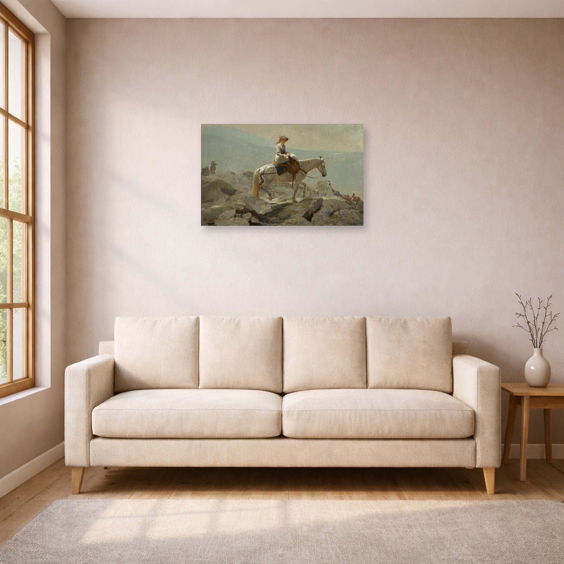 Unframed poster print of Winslow Homer's The Bridle Path displayed on a wall in a living room