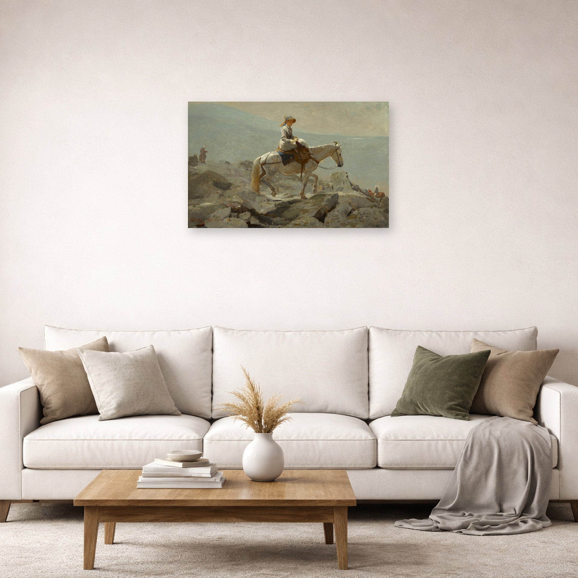 Unframed poster print of Winslow Homer's The Bridle Path displayed on a wall in a living room