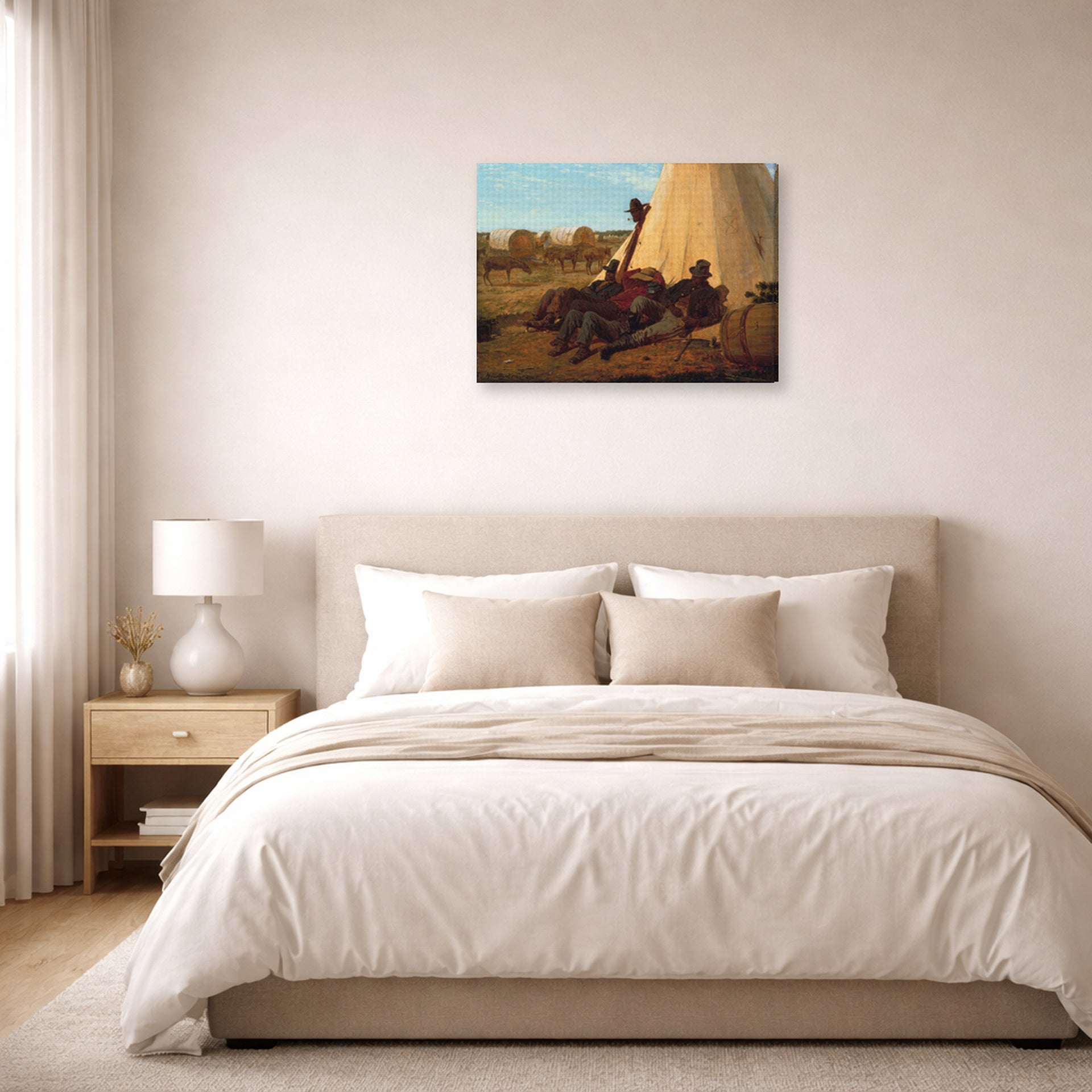 Gallery-wrapped canvas print of Winslow Homer's The Bright Side displayed on a wall in a bedroom