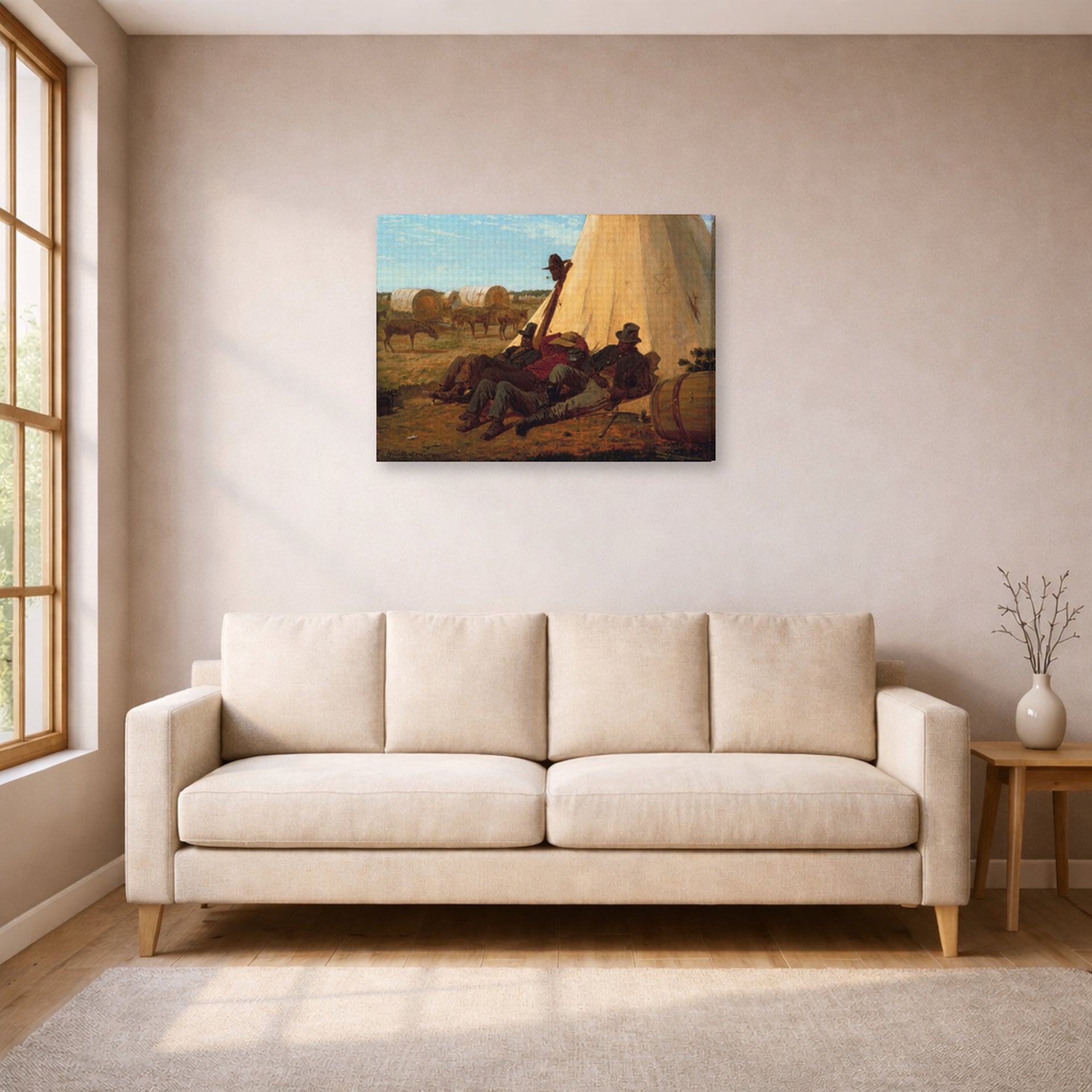 Gallery-wrapped canvas print of Winslow Homer's The Bright Side displayed on a wall in a living room