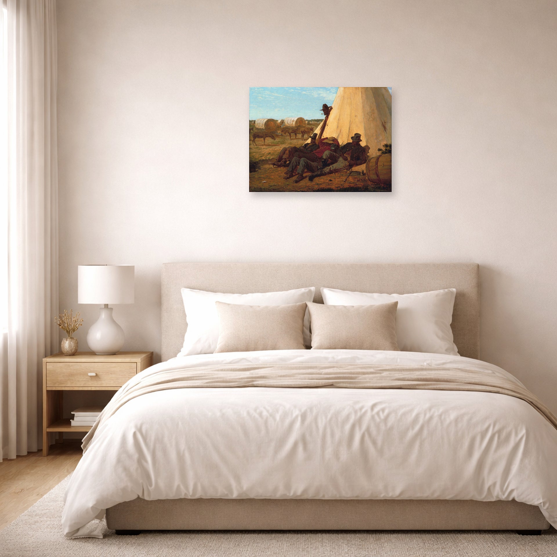 Unframed poster print of Winslow Homer's The Bright Side displayed on a wall in a bedroom