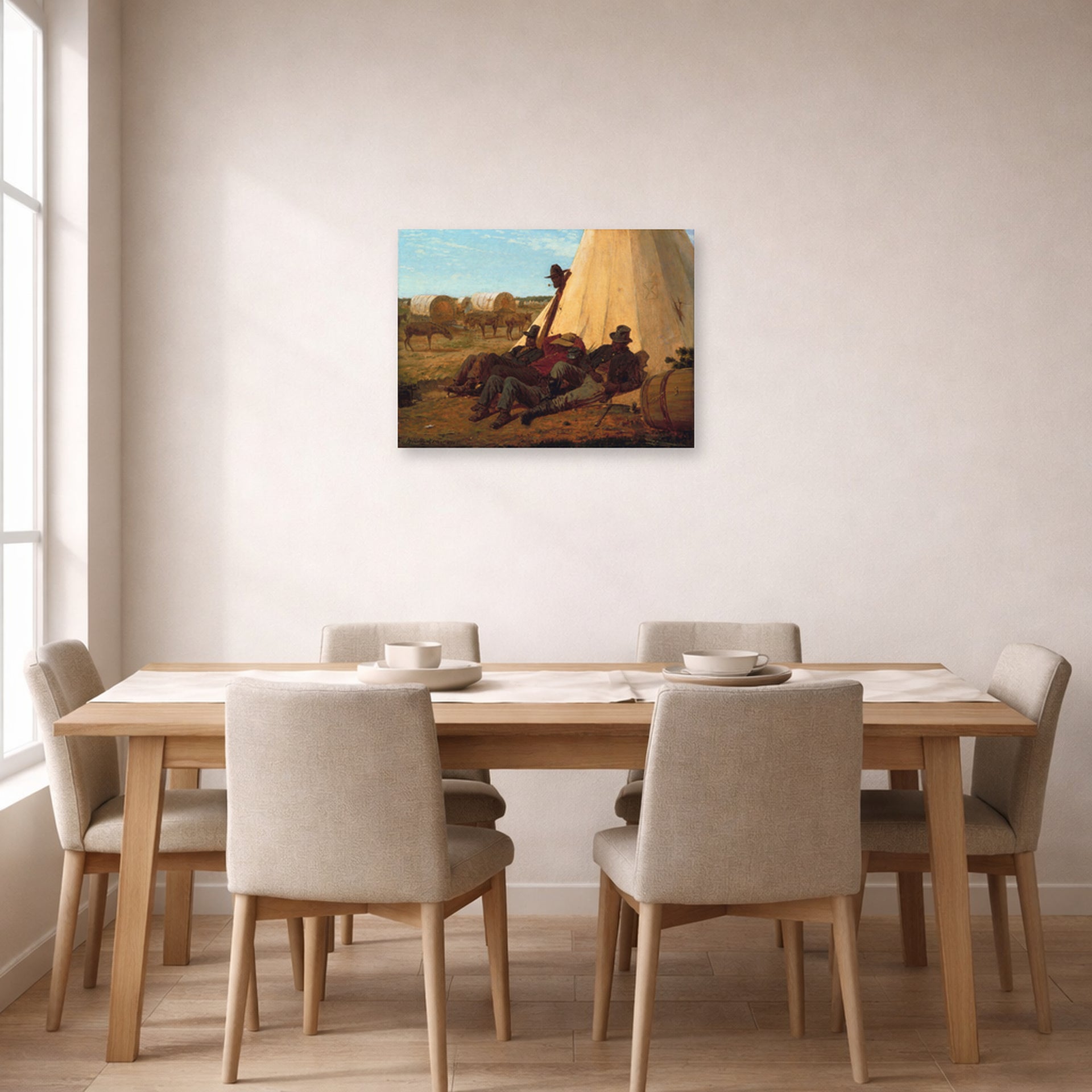Unframed poster print of Winslow Homer's The Bright Side displayed on a wall in a dining room