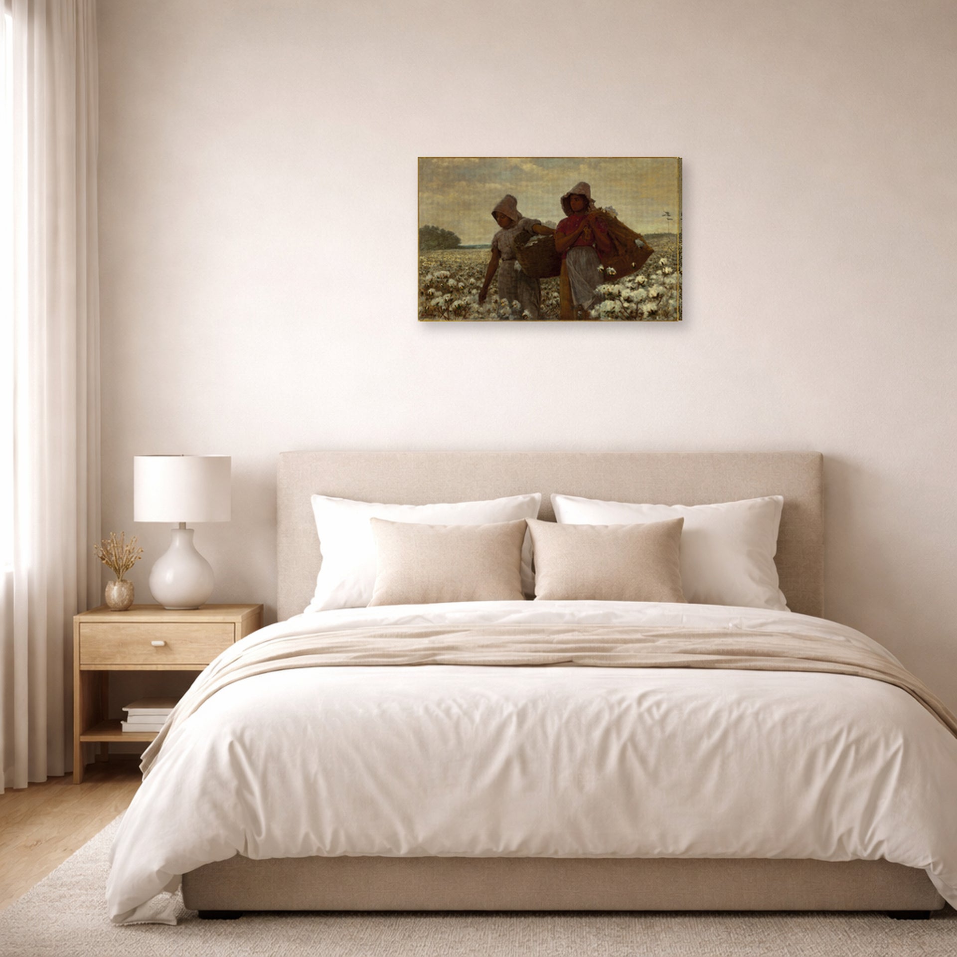 Gallery-wrapped canvas print of Winslow Homer's The Cotton Pickers displayed on a wall in a bedroom